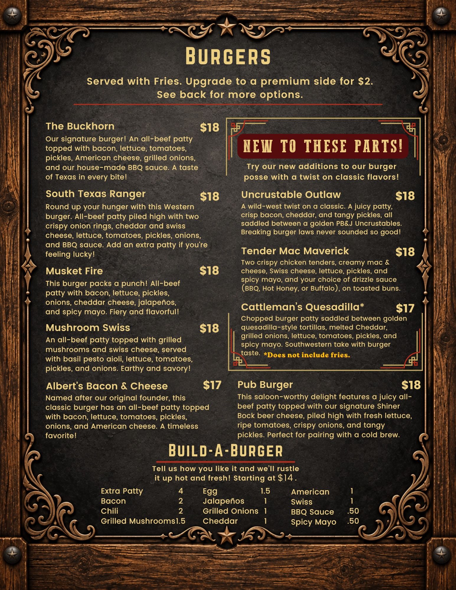 Buckhorn Cafe menu page 2: Burgers and Build-A-Burger