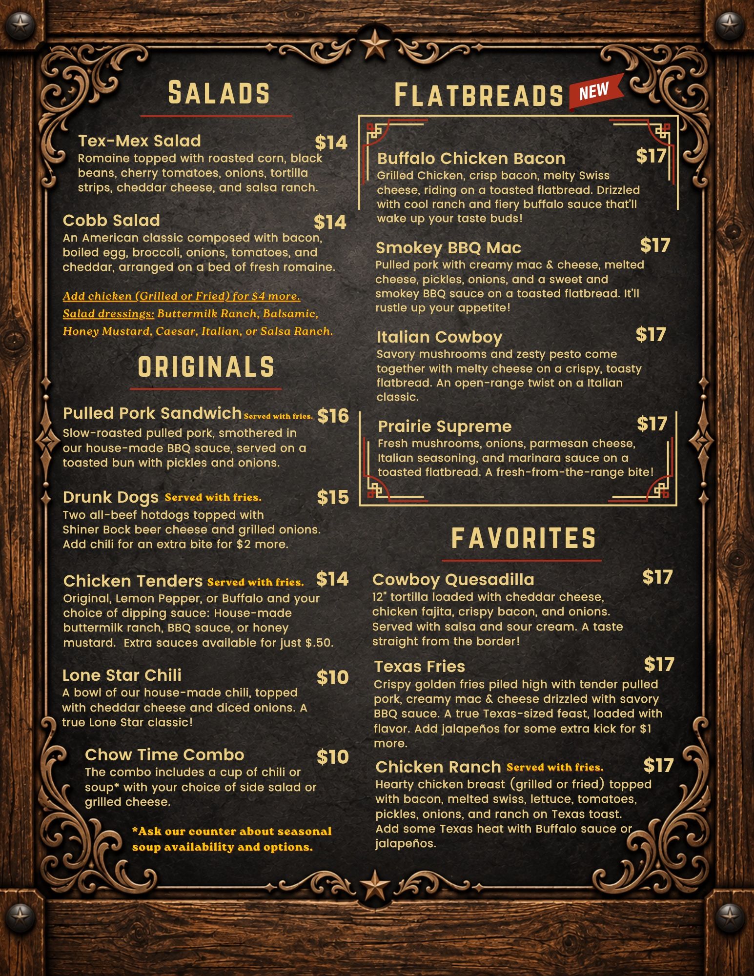 Buckhorn Cafe menu page 3: Salads, Flatbreads, Originals, and Favorites