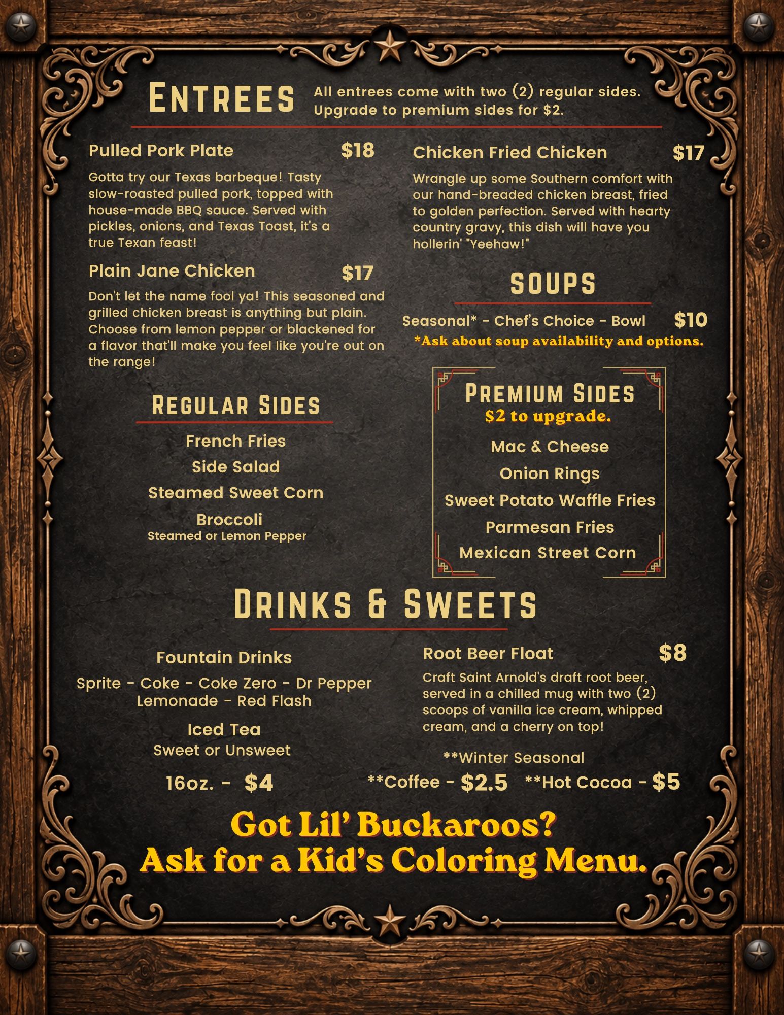 Buckhorn Cafe menu page 4: Entrees, Soups, Sides, and Drinks & Sweets